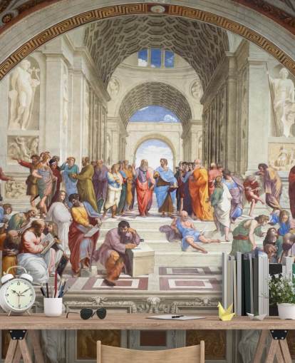 mural de pared de bellas artes llamado La escuela de Atenas de Rafael para hogares, oficinas y negocios
