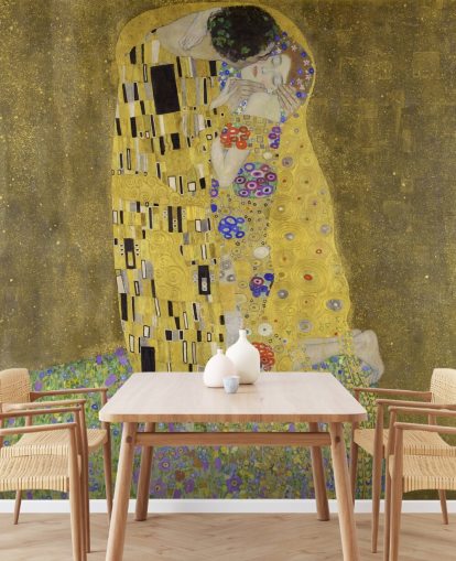 fine art wallpaper mural called The Kiss by Gustav Klimt for bedrooms, living rooms and kitchens