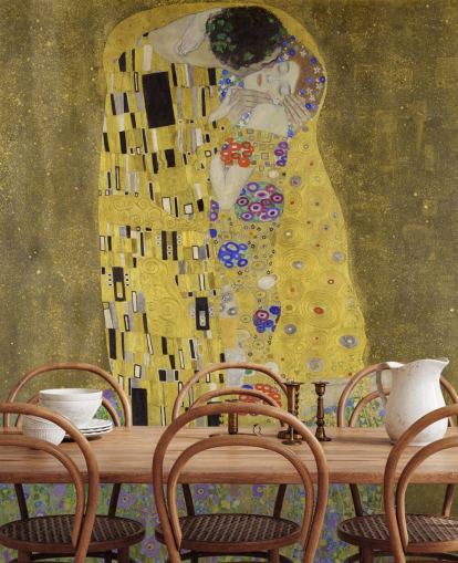 fine art wallpaper mural called The Kiss by Gustav Klimt for bedrooms, living rooms and kitchens