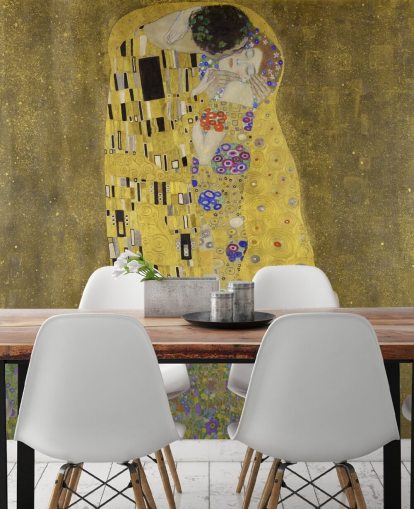 fine art wallpaper mural called The Kiss by Gustav Klimt for bedrooms, living rooms and kitchens