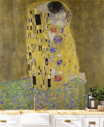 fine art wallpaper mural called The Kiss by Gustav Klimt for bedrooms, living rooms and kitchens
