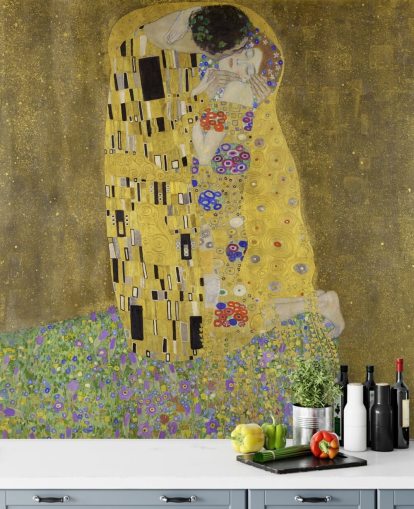 fine art wallpaper mural called The Kiss by Gustav Klimt for bedrooms, living rooms and kitchens