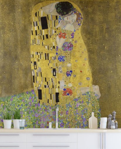 fine art wallpaper mural called The Kiss by Gustav Klimt for bedrooms, living rooms and kitchens