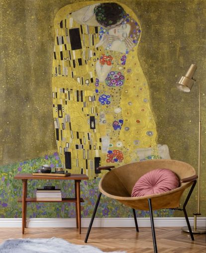 carta da parati fine art chiamata The Kiss di Gustav Klimt per camere da letto, salotti e cucine