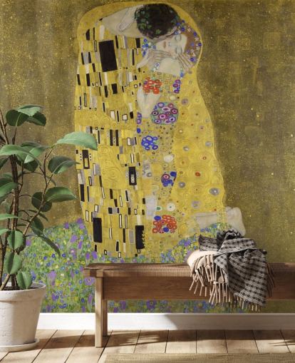 fine art wallpaper mural called The Kiss by Gustav Klimt for bedrooms, living rooms and kitchens