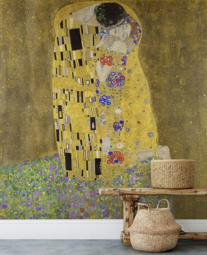 fine art wallpaper mural called The Kiss by Gustav Klimt for bedrooms, living rooms and kitchens