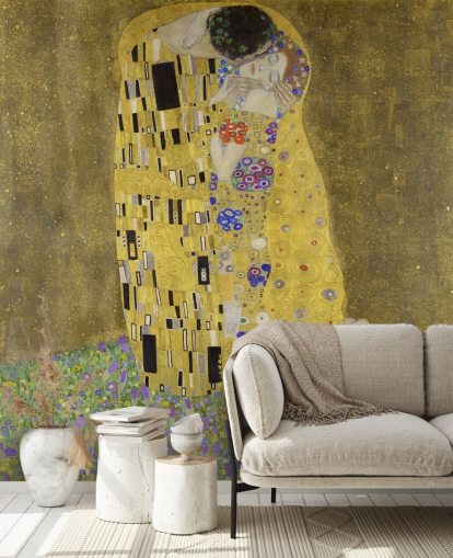fine art wallpaper mural called The Kiss by Gustav Klimt for bedrooms, living rooms and kitchens