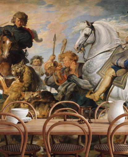 fine art wall mural called Wolf and Fox Hunt by Peter Paul Rubens for bedrooms and living rooms