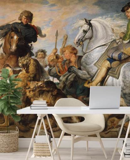 mural de parede de belas artes chamado Wolf and Fox Hunt de Peter Paul Rubens para quartos e salas de estar
