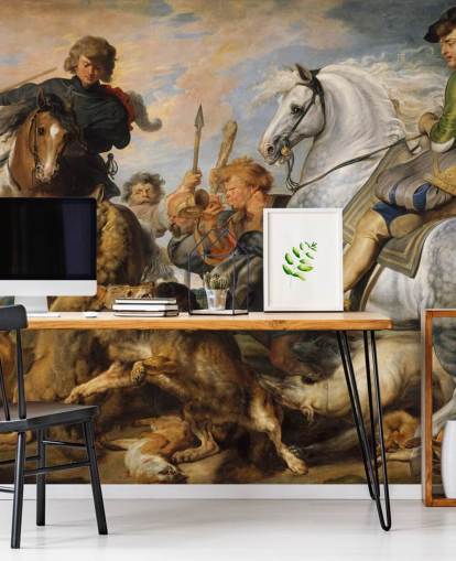 murale d'arte chiamato Wolf and Fox Hunt di Peter Paul Rubens per camere da letto e salotti