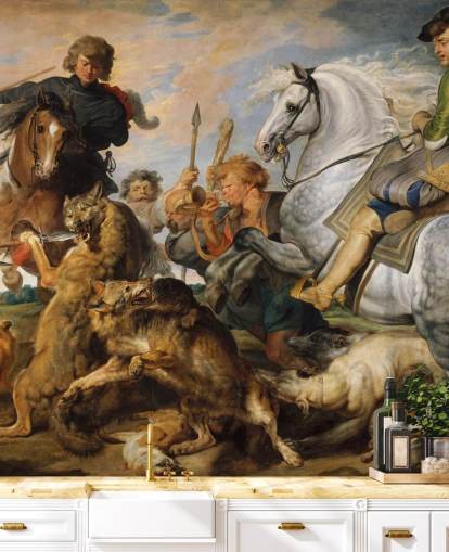 mural de pared de bellas artes llamado Wolf and Fox Hunt de Peter Paul Rubens para dormitorios y salas de estar