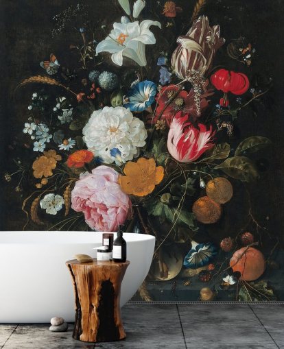 fresque murale florale intitulée Fleurs dans un vase en verre avec fruits de Jan Davidsz. de Heem pour les chambres et les salons