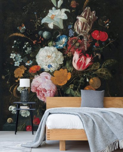blomsterkunstmaleri kaldet Blomster i en glasvase med frugt af Jan Davidsz. de Heem til soveværelser og stuer blomsterkunstmaleri kaldet Blomster i en glasvase med frugt af Jan Davidsz. de Heem til soveværelser og stuer