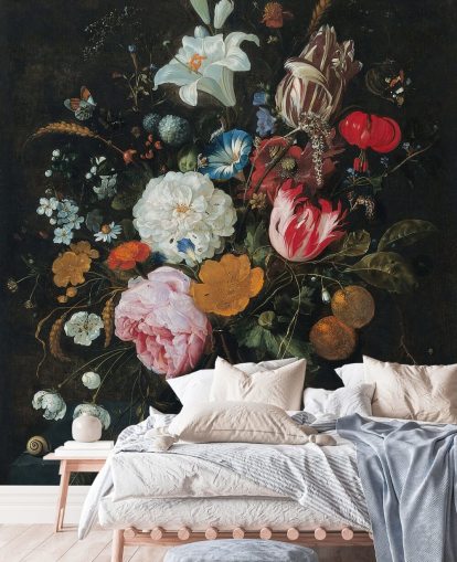 blommig konst väggmålning som heter Blommor i en glasvas med frukt av Jan Davidsz. de Heem för sovrum och vardagsrum blommig konst väggmålning som heter Blommor i en glasvas med frukt av Jan Davidsz. de Heem för sovrum och vardagsrum