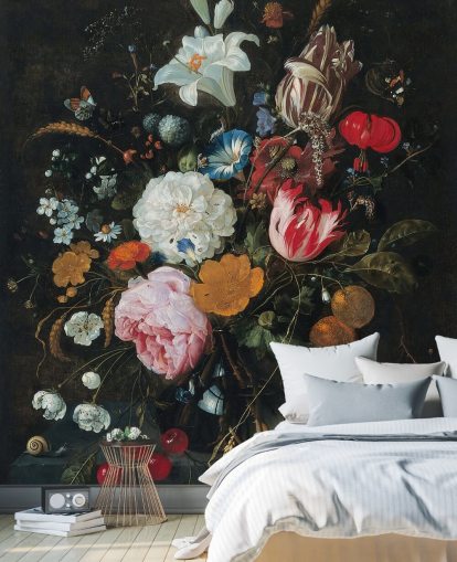 murale floreale d'arte chiamato Flowers in a Glass Vase with Fruit di Jan Davidsz. de Heem per camere da letto e salotti murale floreale d'arte chiamato Flowers in a Glass Vase with Fruit di Jan Davidsz. de Heem per camere da letto e salotti