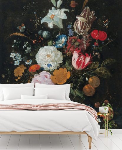 kunstzinnige bloemenmuurschildering genaamd Flowers in a Glass Vase with Fruit van Jan Davidsz. de Heem voor slaapkamers en woonkamers kunstzinnige bloemenmuurschildering genaamd Flowers in a Glass Vase with Fruit van Jan Davidsz. de Heem voor slaapkamers en woonkamers