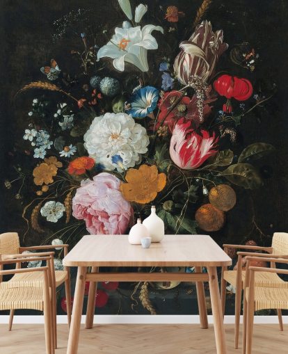 floral fine art wall mural called Flowers in a Glass Vase with Fruit by Jan Davidsz. de Heem for bedrooms and living rooms floral fine art wall mural called Flowers in a Glass Vase with Fruit by Jan Davidsz. de Heem for bedrooms and living rooms