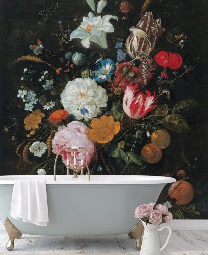 florales Kunst-Wandbild mit dem Titel Blumen in einer Glasvase mit Obst von Jan Davidsz. de Heem für Schlafzimmer und Wohnzimmer
