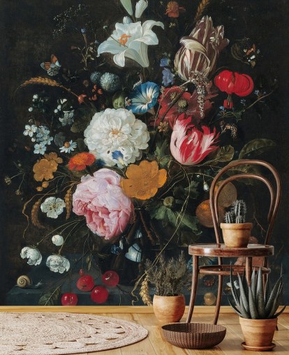 mural de parede floral de belas artes chamado Flores em um vaso de vidro com frutas de Jan Davidsz. de Heem para quartos e salas de estar