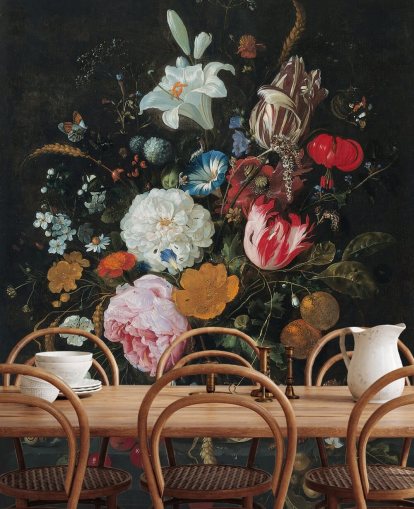 kunstzinnige bloemenmuurschildering genaamd Flowers in a Glass Vase with Fruit van Jan Davidsz. de Heem voor slaapkamers en woonkamers