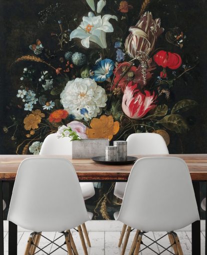 florales Kunst-Wandbild mit dem Titel Blumen in einer Glasvase mit Obst von Jan Davidsz. de Heem für Schlafzimmer und Wohnzimmer florales Kunst-Wandbild mit dem Titel Blumen in einer Glasvase mit Obst von Jan Davidsz. de Heem für Schlafzimmer und Wohnzimmer