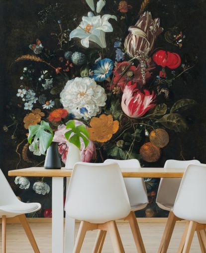 fresque murale florale intitulée Fleurs dans un vase en verre avec fruits de Jan Davidsz. de Heem pour les chambres et les salons