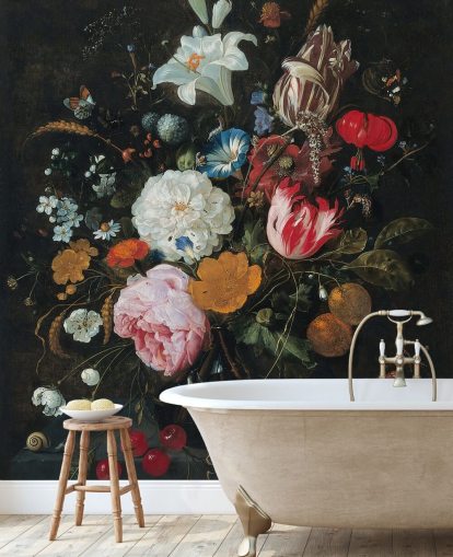 floral fine art wall mural called Flowers in a Glass Vase with Fruit by Jan Davidsz. de Heem for bedrooms and living rooms floral fine art wall mural called Flowers in a Glass Vase with Fruit by Jan Davidsz. de Heem for bedrooms and living rooms