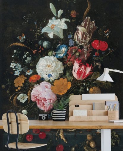 blomsterkunstveggmaleri kalt Blomster i en glassvase med frukt av Jan Davidsz. de Heem for soverom og stuer
