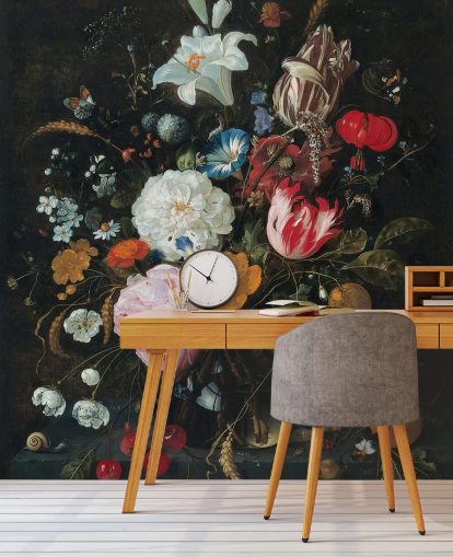 fresque murale florale intitulée Fleurs dans un vase en verre avec fruits de Jan Davidsz. de Heem pour les chambres et les salons