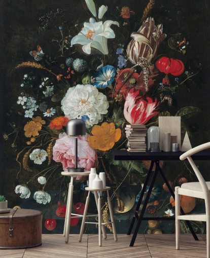 blomsterkunstmaleri kaldet Blomster i en glasvase med frugt af Jan Davidsz. de Heem til soveværelser og stuer