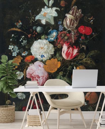 fresque murale florale intitulée Fleurs dans un vase en verre avec fruits de Jan Davidsz. de Heem pour les chambres et les salons fresque murale florale intitulée Fleurs dans un vase en verre avec fruits de Jan Davidsz. de Heem pour les chambres et les salons