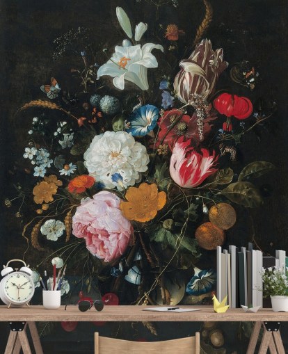 florales Kunst-Wandbild mit dem Titel Blumen in einer Glasvase mit Obst von Jan Davidsz. de Heem für Schlafzimmer und Wohnzimmer