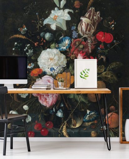 mural de pared de bellas artes florales llamado Flores en un jarrón de vidrio con fruta de Jan Davidsz. de Heem para dormitorios y salas de estar mural de pared de bellas artes florales llamado Flores en un jarrón de vidrio con fruta de Jan Davidsz. de Heem para dormitorios y salas de estar