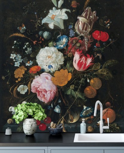 murale floreale d'arte chiamato Flowers in a Glass Vase with Fruit di Jan Davidsz. de Heem per camere da letto e salotti