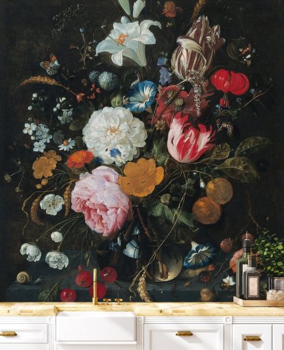 mural de pared de bellas artes florales llamado Flores en un jarrón de vidrio con fruta de Jan Davidsz. de Heem para dormitorios y salas de estar