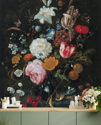 blomsterkunstmaleri kaldet Blomster i en glasvase med frugt af Jan Davidsz. de Heem til soveværelser og stuer blomsterkunstmaleri kaldet Blomster i en glasvase med frugt af Jan Davidsz. de Heem til soveværelser og stuer
