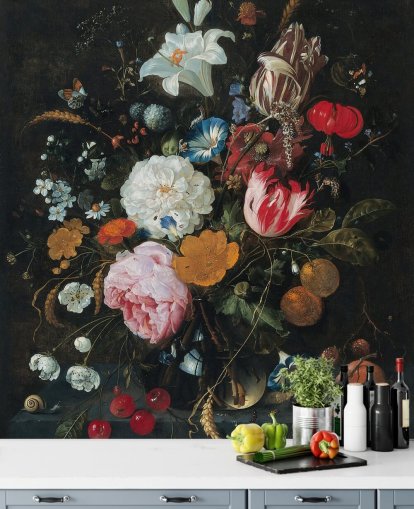 floral fine art wall mural called Flowers in a Glass Vase with Fruit by Jan Davidsz. de Heem for bedrooms and living rooms