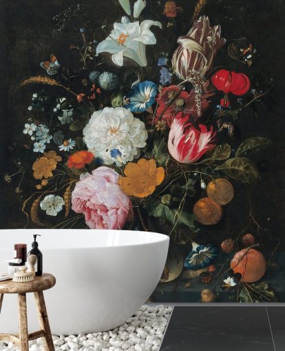 blomsterkunstveggmaleri kalt Blomster i en glassvase med frukt av Jan Davidsz. de Heem for soverom og stuer