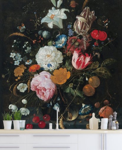 blomsterkunstmaleri kaldet Blomster i en glasvase med frugt af Jan Davidsz. de Heem til soveværelser og stuer