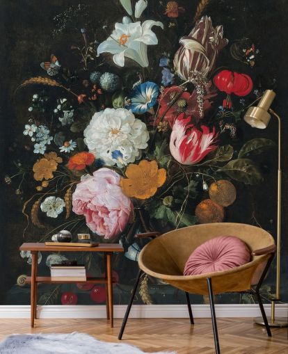 blomsterkunstmaleri kaldet Blomster i en glasvase med frugt af Jan Davidsz. de Heem til soveværelser og stuer blomsterkunstmaleri kaldet Blomster i en glasvase med frugt af Jan Davidsz. de Heem til soveværelser og stuer