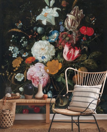blomsterkunstveggmaleri kalt Blomster i en glassvase med frukt av Jan Davidsz. de Heem for soverom og stuer