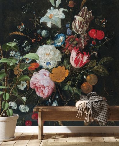 murale floreale d'arte chiamato Flowers in a Glass Vase with Fruit di Jan Davidsz. de Heem per camere da letto e salotti murale floreale d'arte chiamato Flowers in a Glass Vase with Fruit di Jan Davidsz. de Heem per camere da letto e salotti