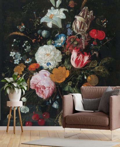 kunstzinnige bloemenmuurschildering genaamd Flowers in a Glass Vase with Fruit van Jan Davidsz. de Heem voor slaapkamers en woonkamers