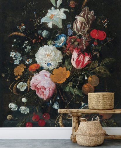 mural de parede floral de belas artes chamado Flores em um vaso de vidro com frutas de Jan Davidsz. de Heem para quartos e salas de estar