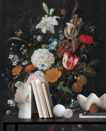 blomsterkunstveggmaleri kalt Blomster i en glassvase med frukt av Jan Davidsz. de Heem for soverom og stuer blomsterkunstveggmaleri kalt Blomster i en glassvase med frukt av Jan Davidsz. de Heem for soverom og stuer