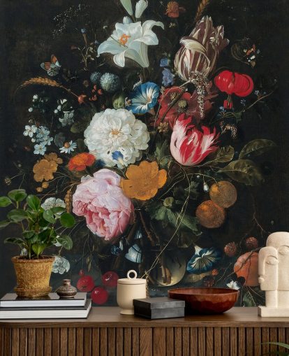 blommig konst väggmålning som heter Blommor i en glasvas med frukt av Jan Davidsz. de Heem för sovrum och vardagsrum