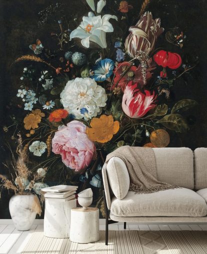 blomsterkunstmaleri kaldet Blomster i en glasvase med frugt af Jan Davidsz. de Heem til soveværelser og stuer