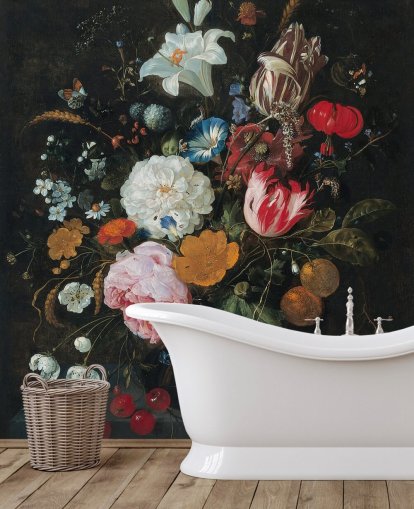 floral fine art wall mural called Flowers in a Glass Vase with Fruit by Jan Davidsz. de Heem for bedrooms and living rooms