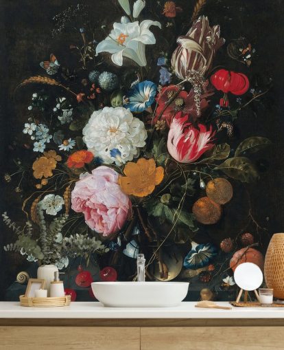 floral fine art wall mural called Flowers in a Glass Vase with Fruit by Jan Davidsz. de Heem for bedrooms and living rooms