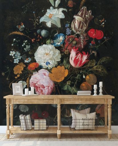 mural de pared de bellas artes florales llamado Flores en un jarrón de vidrio con fruta de Jan Davidsz. de Heem para dormitorios y salas de estar